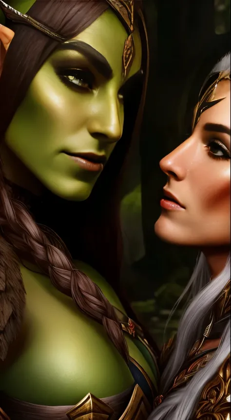 a beautiful female elf warrior and a beautiful female orc warrior, face to face, they are caressing each other, 8k, ultra realistic, extremely detailed