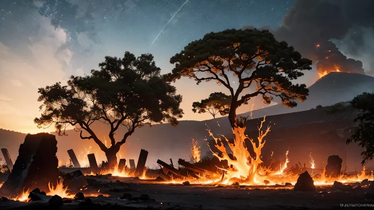 Cinematic lighting, (depth of field) , Ultra HD, (trunk), (realistic background), stony ground with many dry branches sticking out of the ground, hot lava coming out of the ground (volcano lava everywhere), dry and burnt vegetation, building in the backgro...