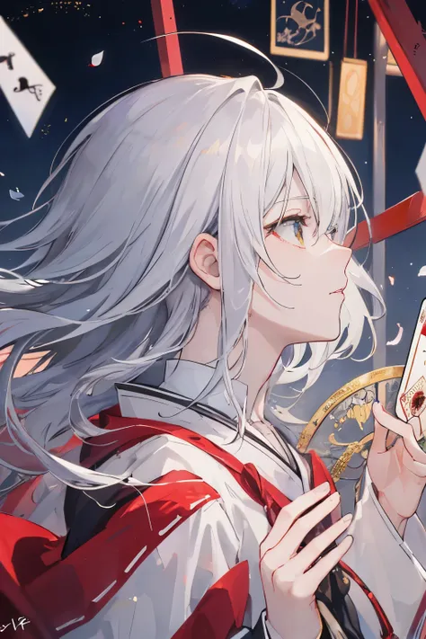 ((highest quality)), ((masterpiece)), (be familiar with), perfect face,fortune teller,male,beautiful boy,tarot cardsfortune teller,silver hair,profile,Fair skin,anime,tarot cards,Different world,torii