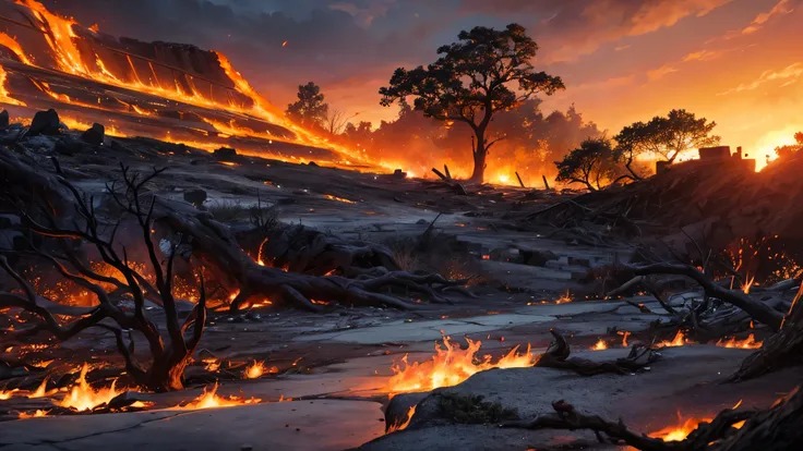 Cinematic lighting, (depth of field) , Ultra HD, (trunk), (realistic background), stony ground with many dry branches sticking out of the ground, hot lava coming out of the ground (volcano lava everywhere), dry and burnt vegetation, building in the backgro...