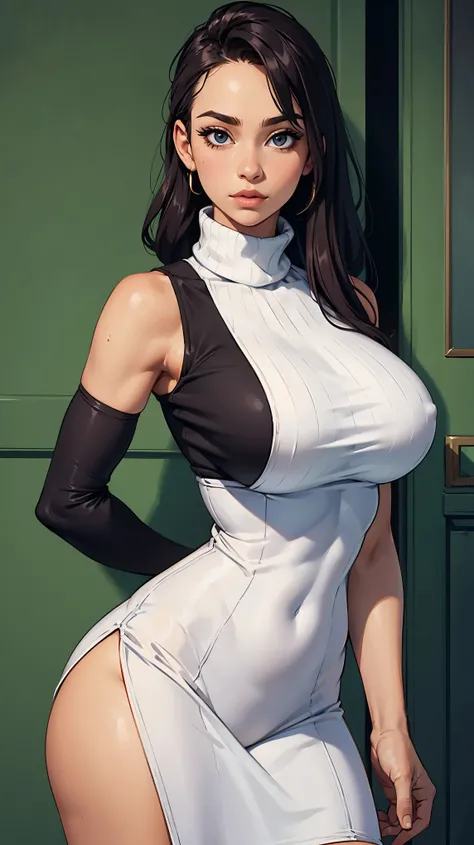 1girl, turtleneck dress, sleeveless, large breasts