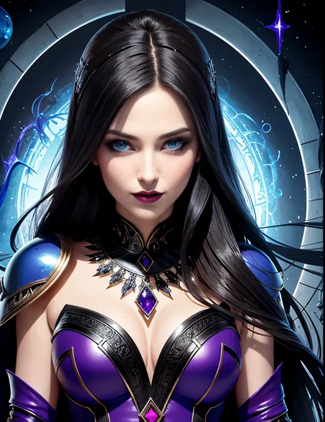 1girl, close up, beautifully evil model, sophisticated sorceress, powerful enchantress, super villainess, hourglass figure, purple dress, symmetrical, highly detailed face, long flowing black hair, mesmerizing blue eyes, lush red lips, coy smile, enticing,...