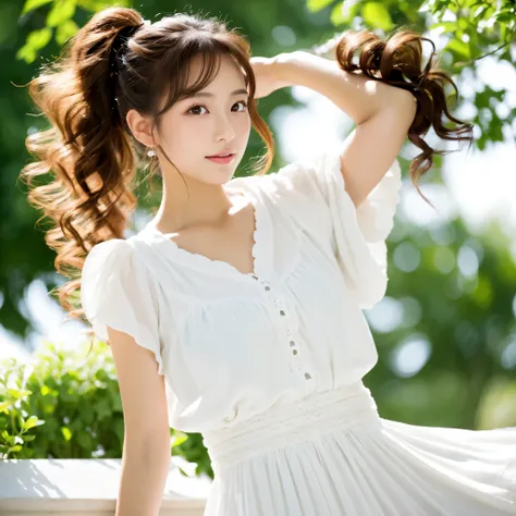 Japanese　curly hair　　high resolution　beautiful girl　white clothes　ponytail