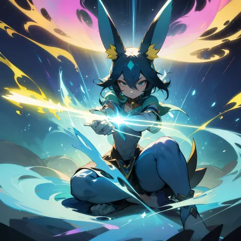 (a mystical, spiritual, vibrant masterpiece:1.2),(anime,portraits:1.1),detailed eyes,sharp focus,ultra-detailed,Lucario in a lush enchanted forest,captivating,brilliant colors,vivid glow,ethereal lighting,Aura Sphere,authentic anime style,sacred harmony,ex...