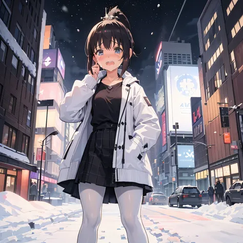 1girl, ((girl)) 、1 person、small face、 ((snow)) 、night、in the city、Skyscraper,20-year-old、 (cry:1.5) 、white coat、white sweater、((plaid skirt)) 、((black pantyhose:1.5)) 、Brown snow boots, (princess cut), (bob cut)、(medium hair)、(ponytail:1.5) 、brown hair 、st...