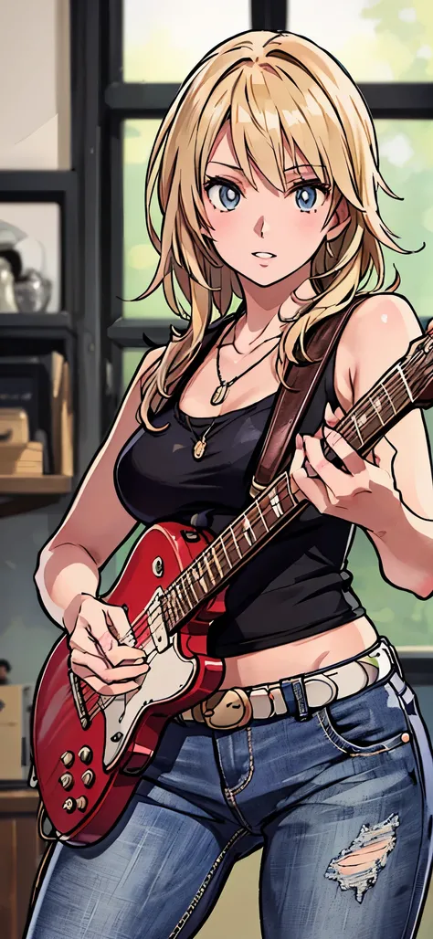 (highest quality,4K,8K,High resolution,table top:1.2), Super detailed, (realistic,photorealistic,photo-realistic:1.37), ((full body)),rage, Unfortunate,((blonde hair)), ((long hair)),black camisole, damaged denim jeans,necklace,((sheplays the guitar)),((sh...