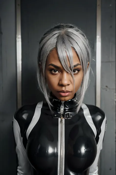 very sexy 18 year old black girl wearing a latex catsuit , silver hair, grey hair, white hair, raised eyebrows, naughty, naughty...