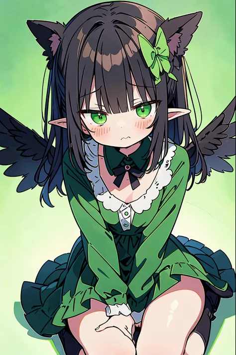 Anime girl in green and black costume on green background with wings, goblin character, goblin, forest goblin, insect trainer girl, brunette elf with goblin wings, goblin, Cute 3D anime girl rendering, April rendering, goblin dance, spread legs  