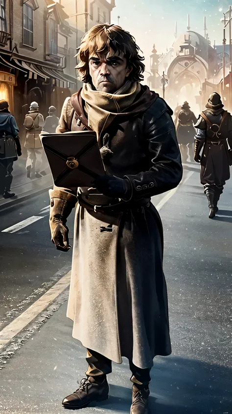 frostpunk, peter dinklage, tyrion lannister, (luxury outfit), (gloves), (reading a letter), on a busy street, full body view, be...