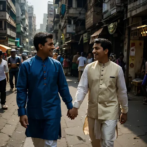 Capture a candid photograph of two gay men, dressed in vibrant traditional Indian attire, holding hands and walking through Mumbais lively streets. Focus on depicting their love and connection against the citys dynamic backdrop, ensuring their interactions...