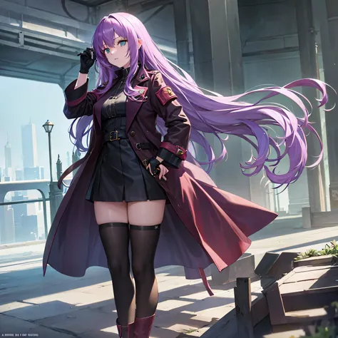 color photo of young woman, long light purple hair, emerald eyes, 20 years old, black coat, black skirt, black gloves, black kne...