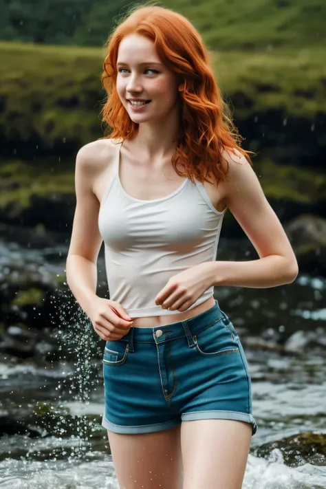 1girl in, age19, Solo, Aesthetic artwork, irish redhead, wavy ginger hair, shoulder length ginger hair, gray eyes, light grey eyes, some small freckles, pale skin, A-cup, small breasts, rough skin,runners body, (textured skin, skin pores:1.1), (moles:0.8),...