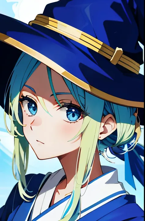 facing left、blue hat、blue clothes、blonde、witch、Japan anime style、close up of face