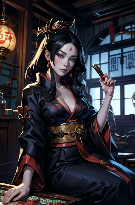 beautiful demon painting, knife剣を携えた鬼の女, knife, 妖knife, knife, strong female samurai, ２book corner, mouth with fangs, Eyes without pupils, gambling, Don Lion, Hyakka Ryōran, Flower of Shura, Looks like he&#39;s in his late 20s, gambler, beautiful black hai...