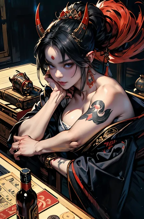 beautiful demon painting, knife剣を携えた鬼の女, knife, 妖knife, knife, strong female samurai, ２book corner, mouth with fangs, Eyes without pupils, gambling, Hyakka Ryōran, Flower of Shura, beautiful black haired demon, Beautiful red kimono, Oiran, highest ranking ...