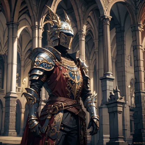 a man wearing armor, in a medieval castle