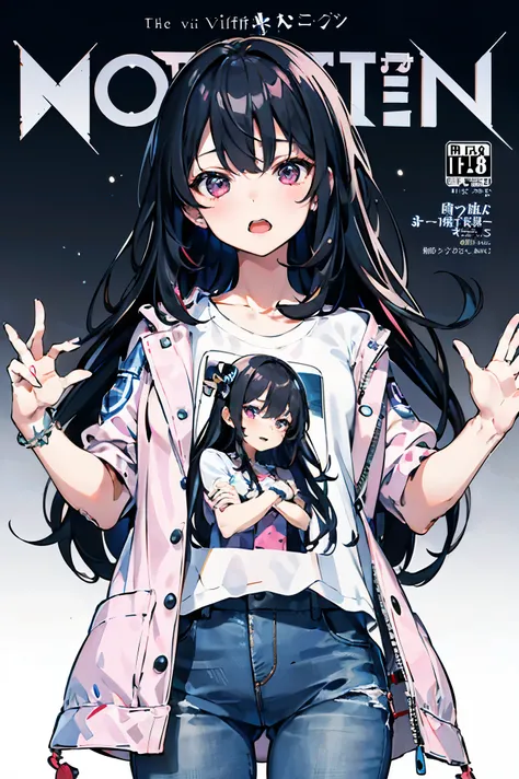 Maximalism artstyle、neon theme、悬浮font［［Ranqi］］suprerralistic、masterpiece，best quality，stills， High definition，1 girl，黑长的hair，Pink eyes，Pink long-sleeved coat，Short sleeves in white，Gray jeans，16 years old、Ultra-detailed、super quality、、Beautiful colors、hair...