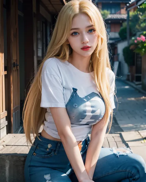 1girl, Blue eyes, (smile), (Sana Minatozaki), (tight t-shirt :1.3), (rip jeans :1.4), bright makeup, portrait, close-up of face, (wide hips :1.3), Big , (big ass), (Best Quality, 8k, Masterpiece: 1.3), perfect hands, Clear Focus: 1.2, Perfect Body Beauty: ...