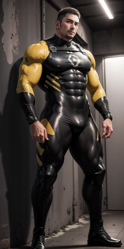 Very tall giant muscular police officer back view.，Yellow and gray khaki camouflage wetsuit，he faces the wall，Hold the wall with both hands，Straighten your hips，character idea（Resident Evil - chris redfield，chris redfield）senior police officer，身穿Yellow and...