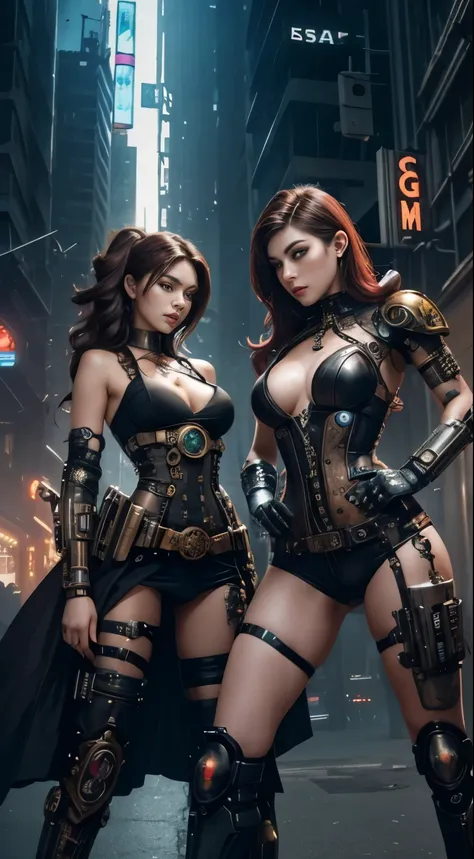 a beautiful steampunk cyborg girl against a beautiful cyberpunk cyborg girl fighting