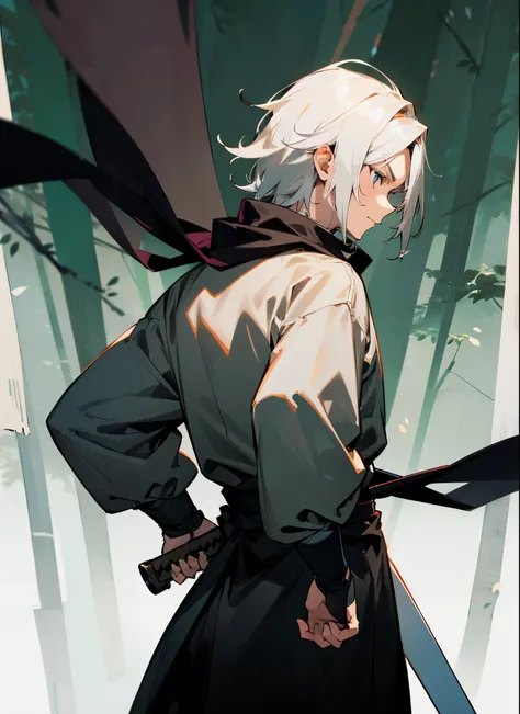 1male , Adult Male , Ninja Clothing , Sword on Hip , Black Scarf , Back knot hair , Medium Length Hair , Serious Expression , White Highlighted Hair , Forest Background