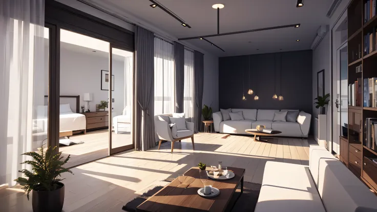 You are a famous interior designer、You have been asked to create a 3D image of a modern large room. Create a harmonious environment with modern and minimalist furniture. Including garden interior.