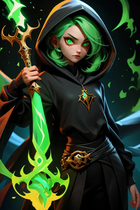 a person holding long magic wand, black hoodie, green eye, necromancer, close up