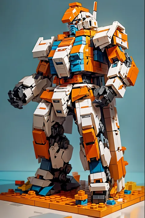 lego, legoai, mecha, gundam, gundam made of legos, blocky, made of large blocks, large pieces, (((orange and pale blue))), orang...