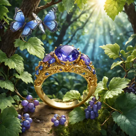 Product picture of the ring，Gold ring with blue-violet stones，masterpiece，（Highly detailed CG Unity 8k wallpaper），（Best quality），（Best Illustration），（Best shadow），Background - forest theme with natural elements.，blooms，warm color palette，surrounded by Изыс...