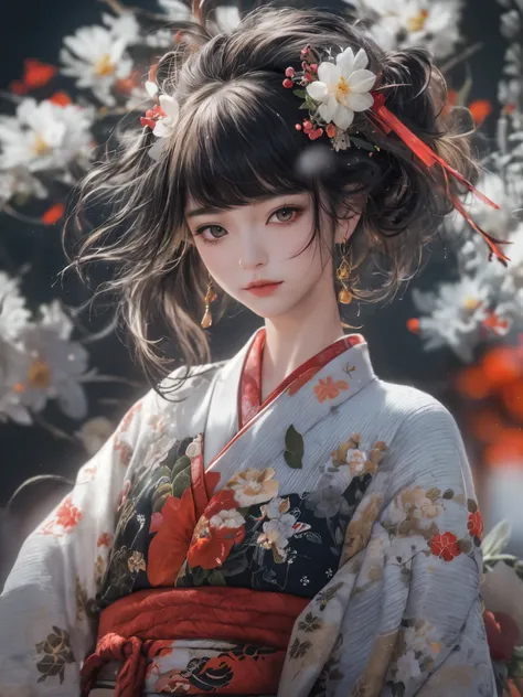 Super high quality, masterpiece, perfect illustration, extreme detail (exquisite light and shadow, highly dramatic picture,) Stroke, 1 girl, solo, (wearing red, black, white kimono,) flower field, flowers, (white smoke:1.3), (Realistic:1.4), Zen entangleme...