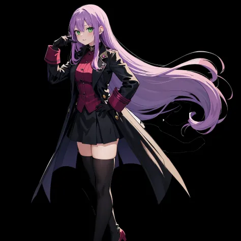 anime girl, long purple hair, bright green eyes, black dress, black gloves, exquisite details, black over-knee socks