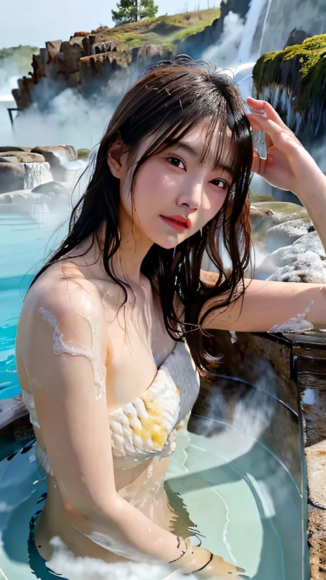 (masterpiece), (highest quality:1.4), confused, [:intricate details:0.2], 1 girl, (naked towel), (geyser, hot spring:1.2), moist skin, (fog:1.2), mist, shiny skin, Glossy skin, (partially submerged in the hot spring:1.2), (Wet hair:1.2), mist, Wet, Water M...