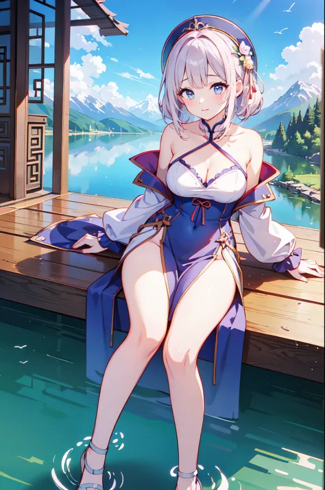 （masterpiece）、(highest quality)、((Super detailed))、(super delicate)、naughty chinese princess、Pastel colors hair、beautiful breasts、Thighs、gorgeous mountain castle、Fantastic lake、Looking up from under your feet