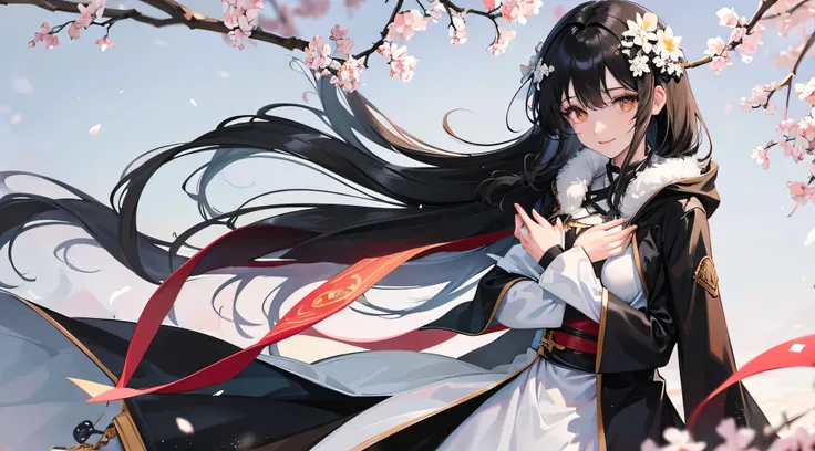 Anime character with long black hair is wearing a cozy coat, Hold the letter close to your chest, With open eyes and a kind smile. Sea is standing in the park in early spring, where the first flowers began to bloom. now, Add a gentle snowfall to the scene,...