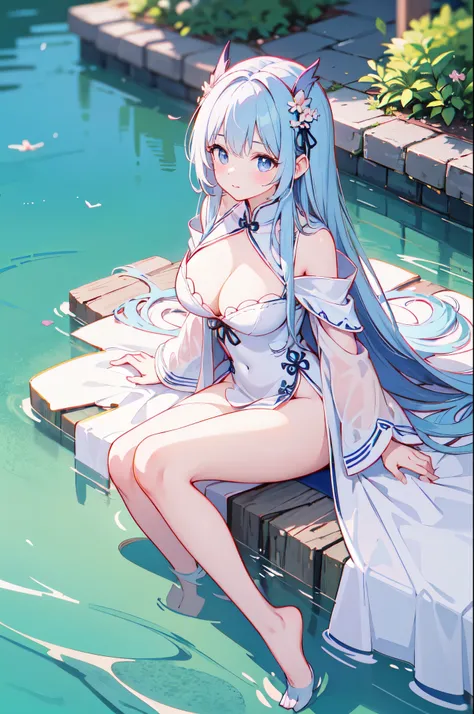 （masterpiece）、(highest quality)、((Super detailed))、(super delicate)、naughty chinese princess、Pastel colors hair、beautiful breasts、Thighs、gorgeous mountain castle、Fantastic lake、Looking up from under your feet