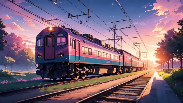 Anime scene of a train passing under a pink and purple sky, Anime drawn by Makoto Shinkai, It&#39;s trending on pixiv, magical realism, beautiful anime scene, space sky. by makoto shinkai, ( ( makoto shinkai ) ), by makoto shinkai, Anime background art, Ma...