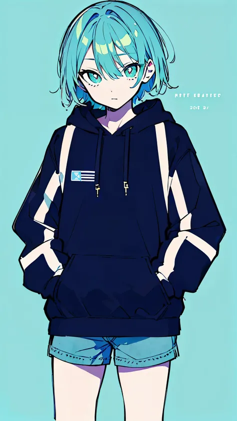 (masterpiece, highest quality:1.6), alone, thick outline, (simple background, light blue background, monochrome, light blue theme:1.2), official art, Key Visual, 8K, disorganized, whole body, (unique hair, Oversized Hoodies, hot pants, arch back, short tor...