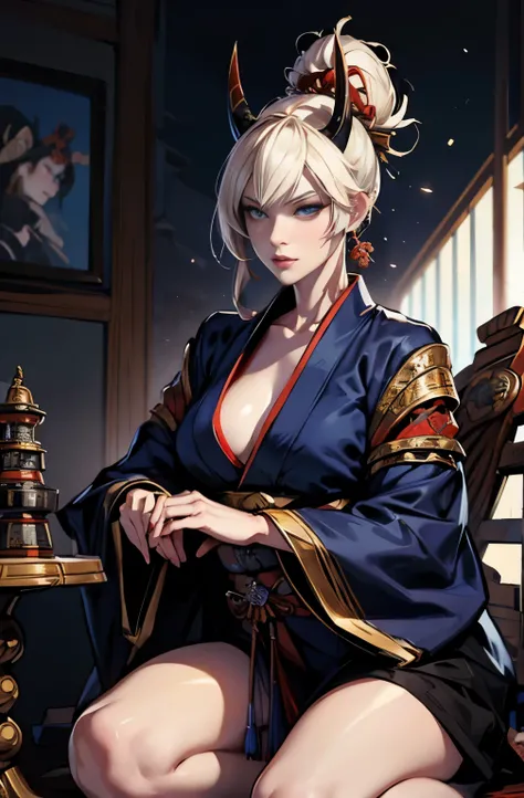 beautiful female samurai painting, 太knifeを持った鬼の女, dice game, Suronin, Shura Road, A skilled female swordsman, Dice throw, Japanese peony enthusiast, wanderer, knife, 妖knife, knife, 長いknife, 赤いknife, strong female samurai, ２book corner, mouth with fangs, Ey...