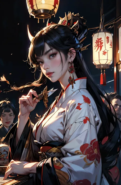 beautiful female samurai painting, 太knifeを持った鬼の女, dice game, Suronin, Shura Road, A skilled female swordsman, Dice throw, Japanese peony enthusiast, wanderer, knife, 妖knife, knife, 長いknife, 赤いknife, strong female samurai, ２book corner, mouth with fangs, Ey...