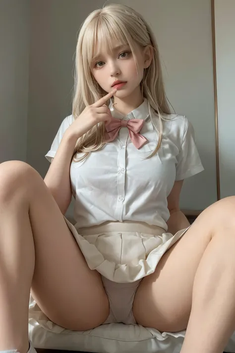 wearing short skirt、Alafid asian woman wearing bow tie sitting on train, cute schoolgirl, japanese schoolgirl, wearing japanese school uniform, japanese school uniform, a hyperactual schoolgirl, Dress up as a schoolgirl, hyperactual , Wearing school unifor...