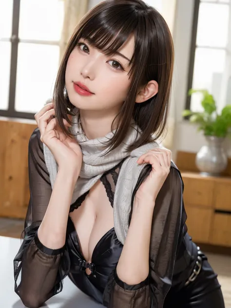 (table top, highest quality、high detail:1.4、very attractive beauty、Adds intense highlights to the eyes、look closely at the camera:1.4、Beautiful woman full of charm、ideal body proportions、perfect anatomy、brunette short bob hair、shiny hair、bangs:2、光沢のあるbangs...