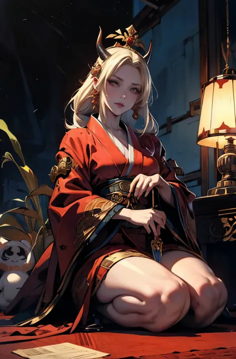 beautiful demon painting, knife剣を携えた鬼の女, Shura Road, A skilled female swordsman, wanderer, knife, 妖knife, knife, strong female samurai, ２book corner, mouth with fangs, Eyes without pupils, gambling, Hyakka Ryōran, Flower of Shura, platinum blonde demon, Be...