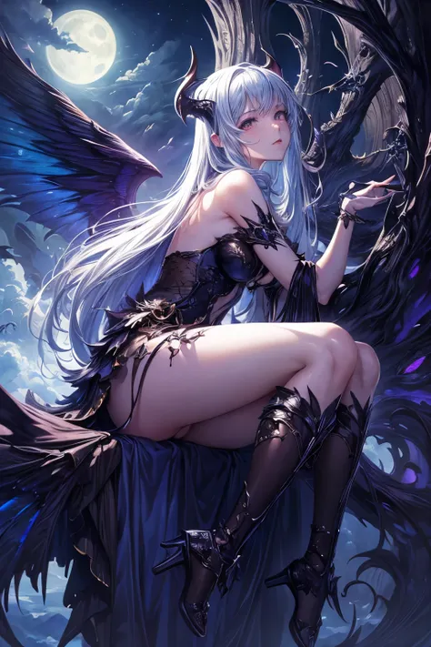 ((Top quality)), ((Masterpiece)), (Details), Fascinating succubus, fantastic beauty, perched above the clouds, (Fantasy illustration: 1.3), Fascinating gaze, Fascinating pose, Delicate wings, otherworldly charm, mysterious sky, moonlit night, soft colors, ...