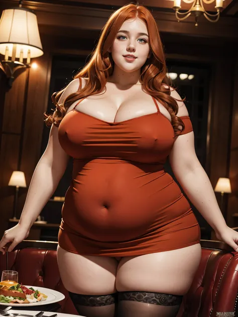 The most beautiful very obese young obese ussbbw fat redhead woman with long rich curly natural ginger hair, natural beautiful cute face, blue eyes, freckles on face and body, busty obese ussbbw fat feminine body, huge fat obese bloated soft belly, very wi...