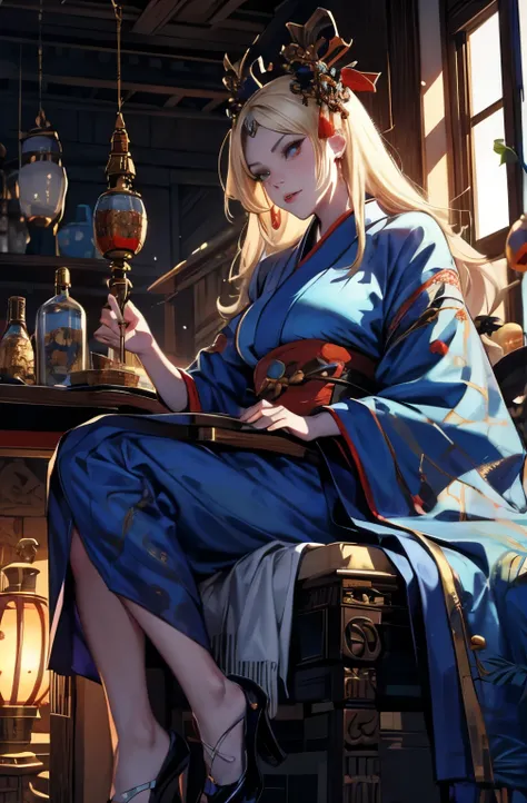 beautiful demon woman painting, knife剣を携えた鬼の女, knife, 妖knife, knife, powerful female samurai, mouth with fangs, gambling, platinum blonde demon, Beautiful red kimono, Oiran, highest ranking woman, Ghost Girl, Female Yakuza, Doji Ibaraki, Shuten Douji, Insp...