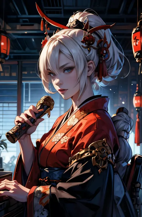 A very beautiful demon woman in a red kimono with a sword and sword, platinum blonde demon, knife剣を携えた鬼の女, cool beauty, quite beautiful face, sharp eyes, knife, 妖knife, knife, powerful female samurai, mouth with fangs, gambling, platinum blonde demon, Beau...