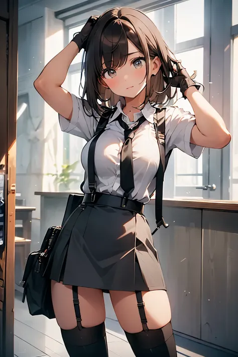 brown hair、looking at the viewer　　suspenders　　　Bulging big breasts　　 　 　　　　Black miniskirt　garter belt　knee high socks　　　　　　Gaze　　　small face　bangs 　　　　　Beauty　　hands up　　 　Gaze 　black boots 　provocation　　　one person 　　　cutter shirt　　Panty shot　hands behin...