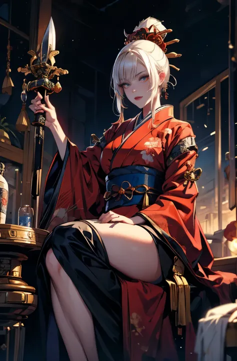 A very beautiful demon woman in a red kimono with a sword and sword, platinum blonde demon, knife剣を携えた鬼の女, cool beauty, quite beautiful face, knife, 妖knife, knife, powerful female samurai, mouth with fangs, gambling, platinum blonde demon, Beautiful red ki...