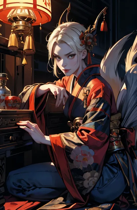 beautiful demon painting, Demon woman with a sword, strong female samurai, mouth with fangs, gambling, platinum blonde demon, Beautiful red kimono, Oiran, highest ranking woman, wideの主, Ghost Girl, Female Yakuza, Doji Ibaraki, Shuten Douji, Inspired by Che...