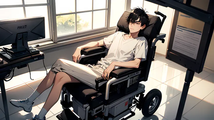 a 21 year old guy, short black hair, clean shaven, detailed face, in hospital, in wheelchair, paralyzed like stephen hawking, cannot move legs and arms, neck paralysis, cannot move head, only 1 limb